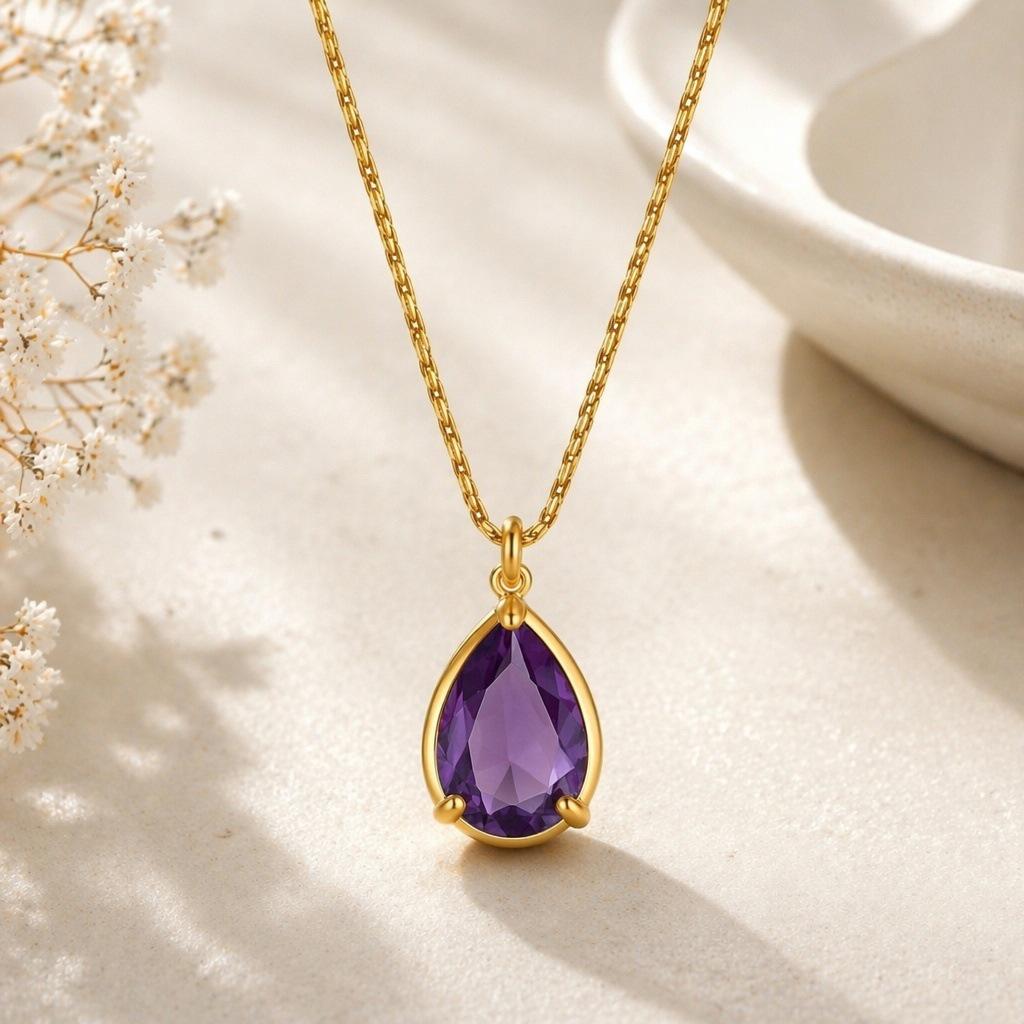 18K Gold Plated Stainless Steel Zircon Water Drop Pendant Necklace for Women