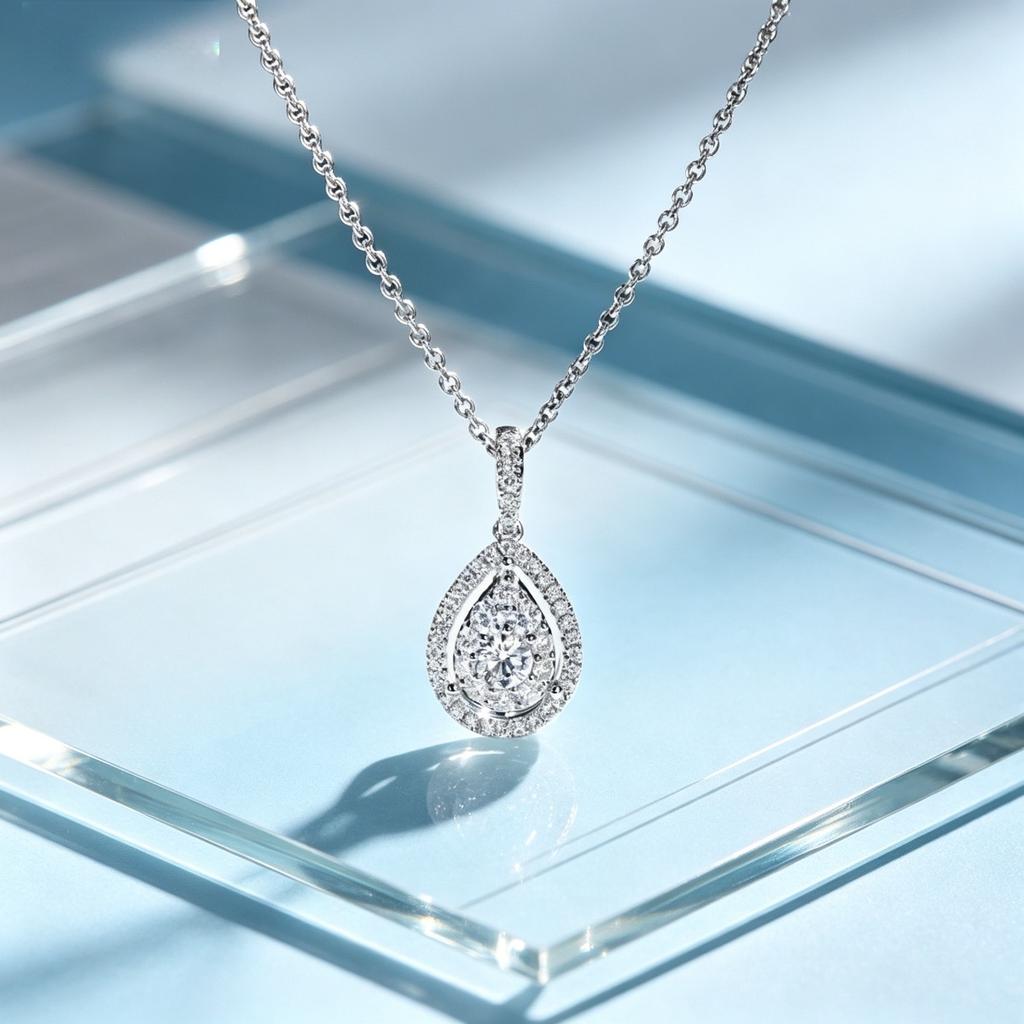 Ladies' Water Droplet Pendant Necklace Collarbone Chain, Synthetic Zircon Double Surround Design, Minimalist and Elegant Jewelry