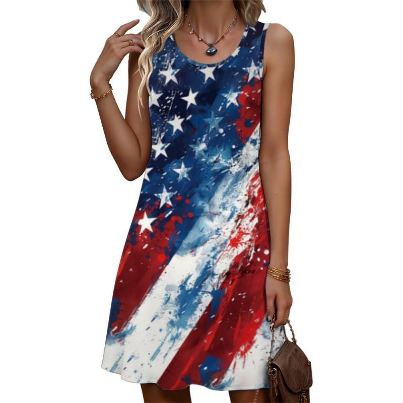 Summer Women's Fashionable Sleeveless Vest Dress Colorful Retro 3D Printing Casual Vacation Versatile Mini Dress