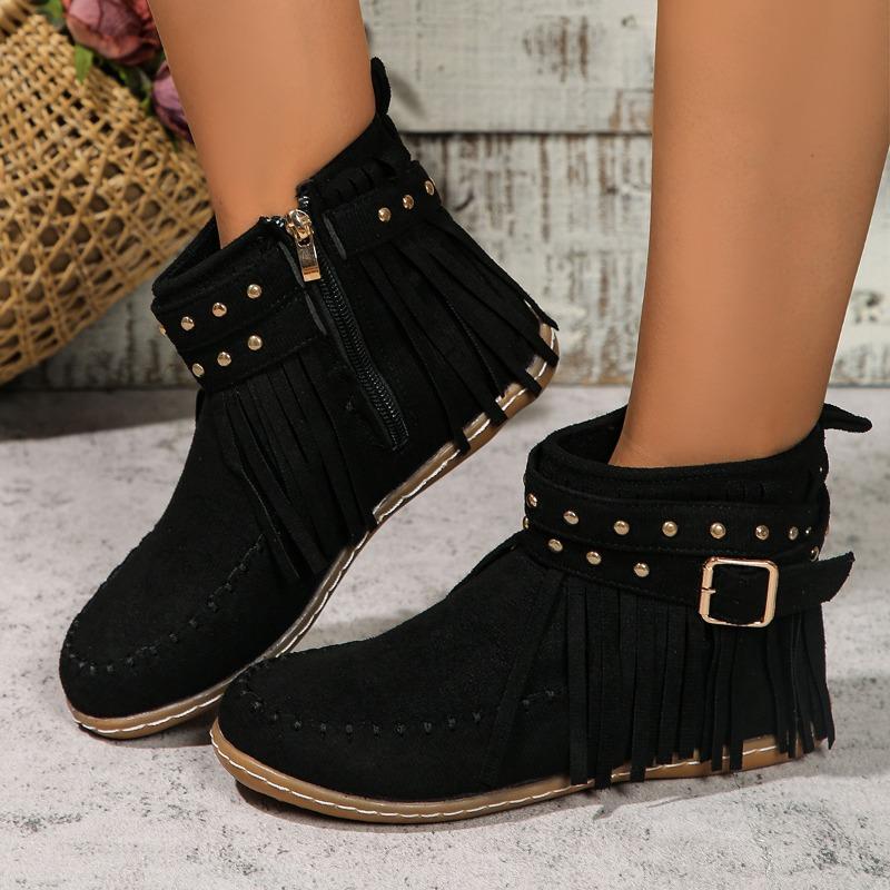 Large size rivet tassel metal buckle with short tube cigarette boots women's autumn and winter new flat bottom warm women's boots