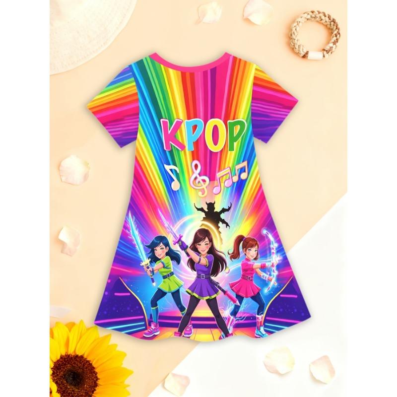 

Girls Short Sleeve Dress Featuring a 3D Cartoon Character Print, with a Round Neck And a Relaxed Fit, Showcasing a Charming Vintage Style 110