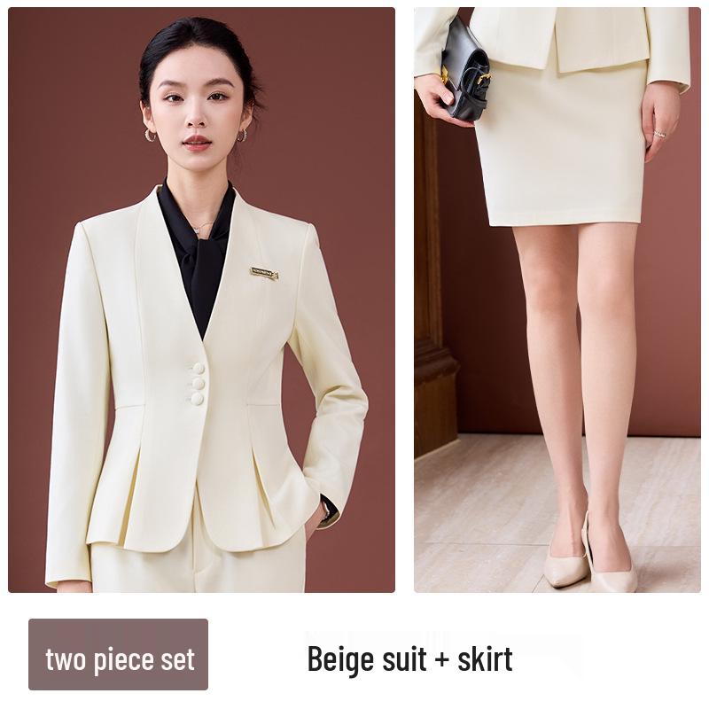 Elegant Collarless Women's Suit Set for Hotel Manager & Receptionist Spring/Autumn Workwear