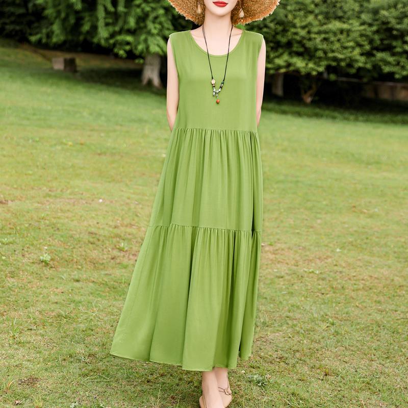 Elegant Sleeveless Dress for Women Plus Size Loose Vintage Print Long Dress Summer Middle-aged Women's Clothing