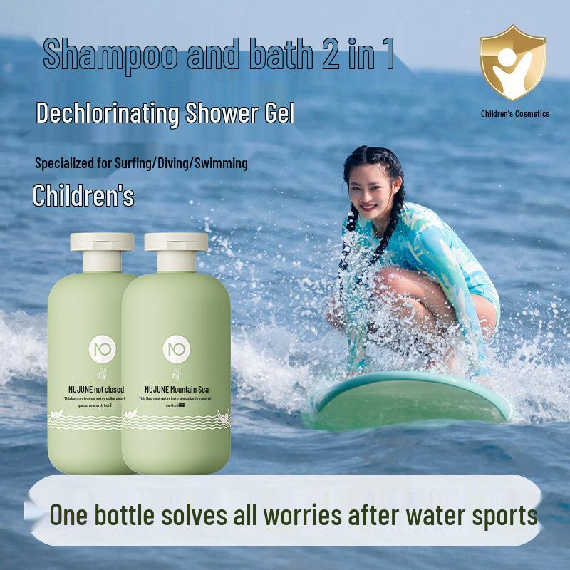 NuJune Kids  Gold Shield 2-in-1 Shower Gel & Shampoo for Surfing, Swimming, Diving - Dechlorinating & Desalinating Formula