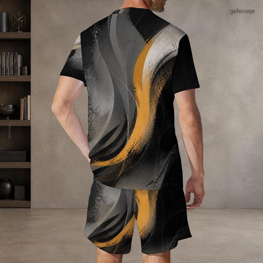 Men s Plus Size Colorful Swirl Printed Round Neck Short Sleeve T Shirt And Shorts Two Piece Set