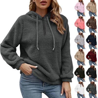 Women's Fashion Casual  And Winter Plush Warm Long Sleeve Solid Zipper Drawstring Hooded Sweatshirt Top