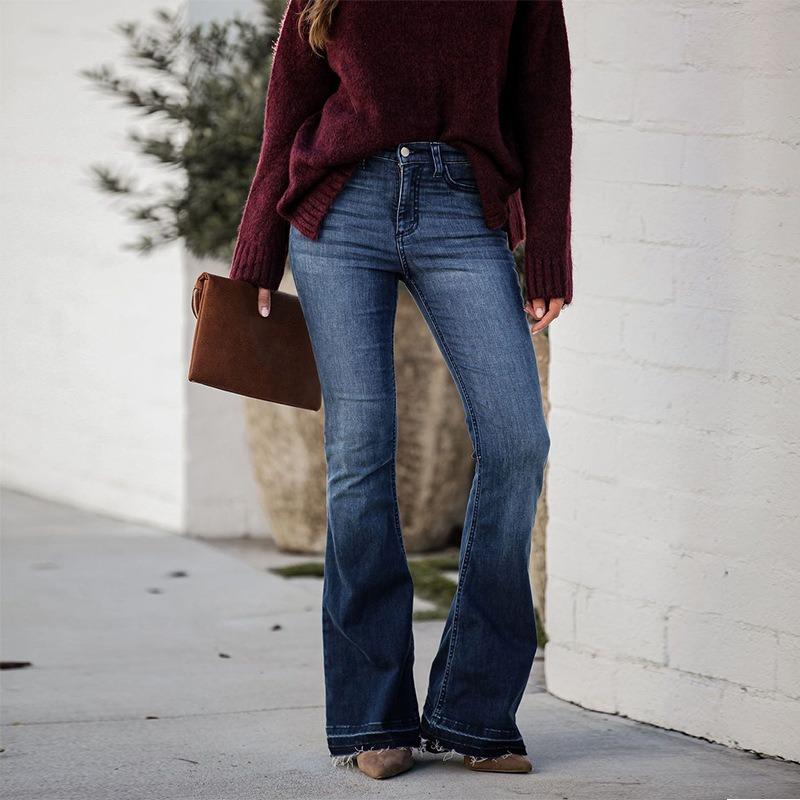 Women's Jeans Fashion Slim-Fit Stretch Burr-Edge High-Waist Flared Pants