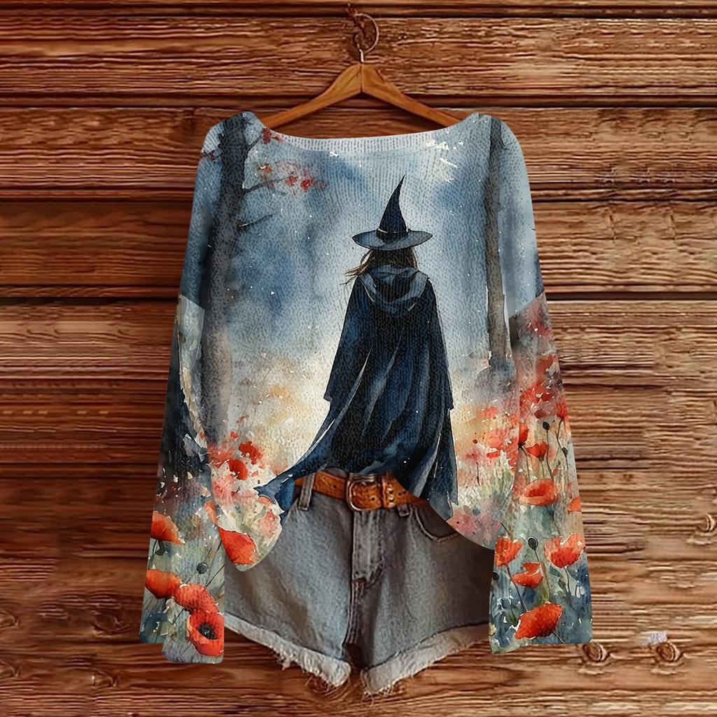 Women's Casual Long Sleeve Halloween Print Round Neck Knit Pullover Sweater Top