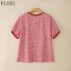 ZANZEA Women Casual Round Neck Grid Print Summer Short Sleeve Blouse
