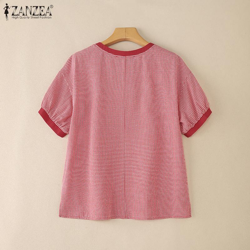 ZANZEA Women Casual Round Neck Grid Print Summer Short Sleeve Blouse