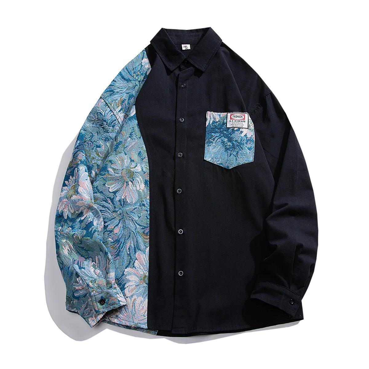 2025 Весна Мужская Мода Уличный Стиль Рубашка Осень Мужские Цветы Принт Лоскутные Рубашки Топ Мужской Повседневный Социальный Лацкан Рубашка L чёрный