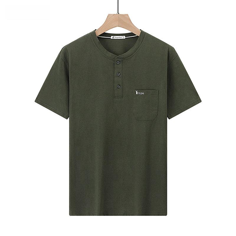 Dad's Monk Collar Short-Sleeve Cotton T-Shirt with Pockets - Loose Fit for Middle-Aged Men, Perfect for Summer