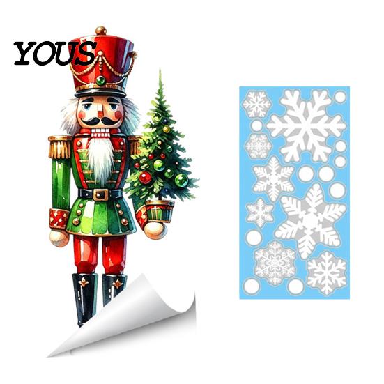 Winter Holiday Gift Nutcracker Soldier/Bow Window Static Decals, Waterproof PVC Christmas Stickers, Party Supplies Reusable Wall Stickers for