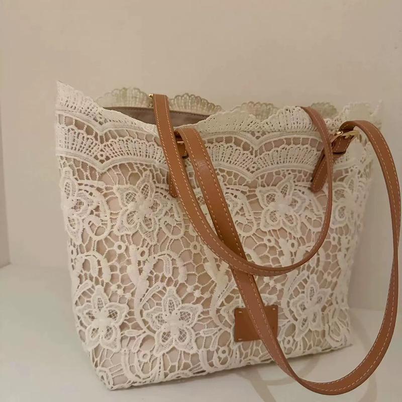 Women Lace Flower Embroidery Tote Summer Seaside Travel Vacation Beach Bag Shoulder Retro Handbag CLE