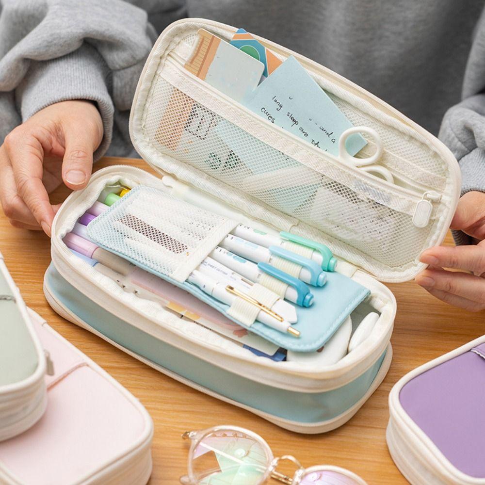 Macaroon Kawaii Pencil Cases Retractable Large Capacity Pencil Holder Box Double Zip Expandable Pencil Case Student Stationery