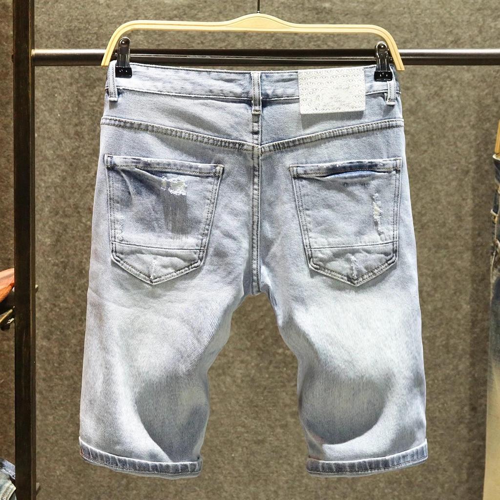 Men's Summer Slim Fit Denim Shorts with Ink-Splashed Print and Diamond Accent