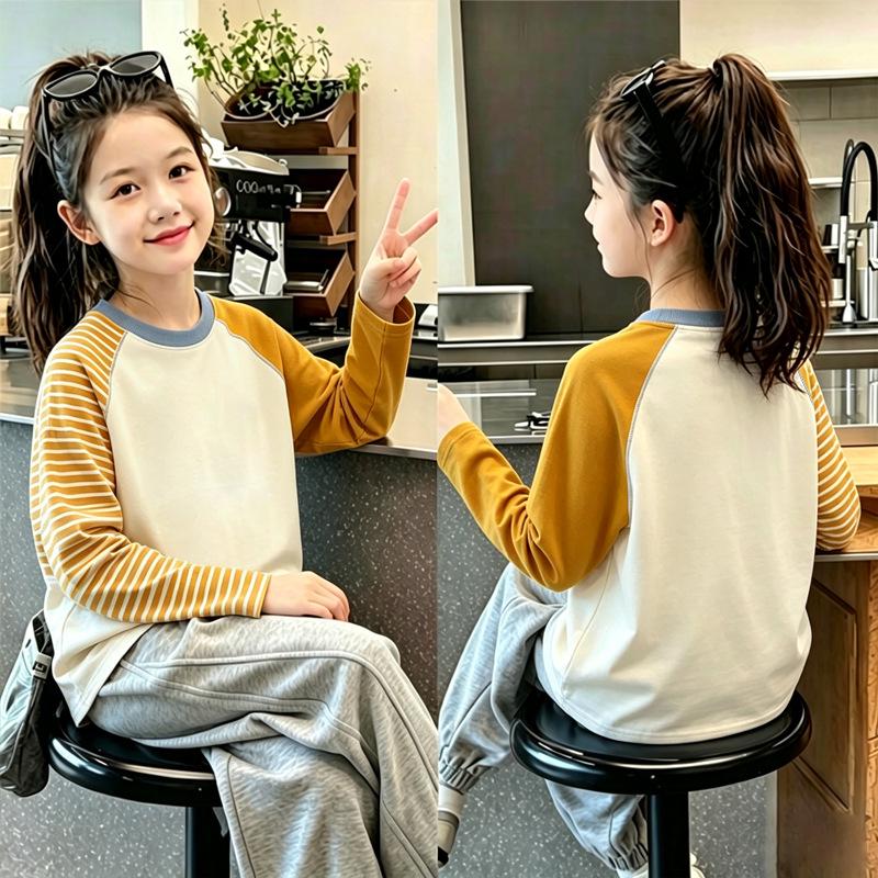 Girls' Cotton Long Sleeve Cartoon Color Block T-shirt
