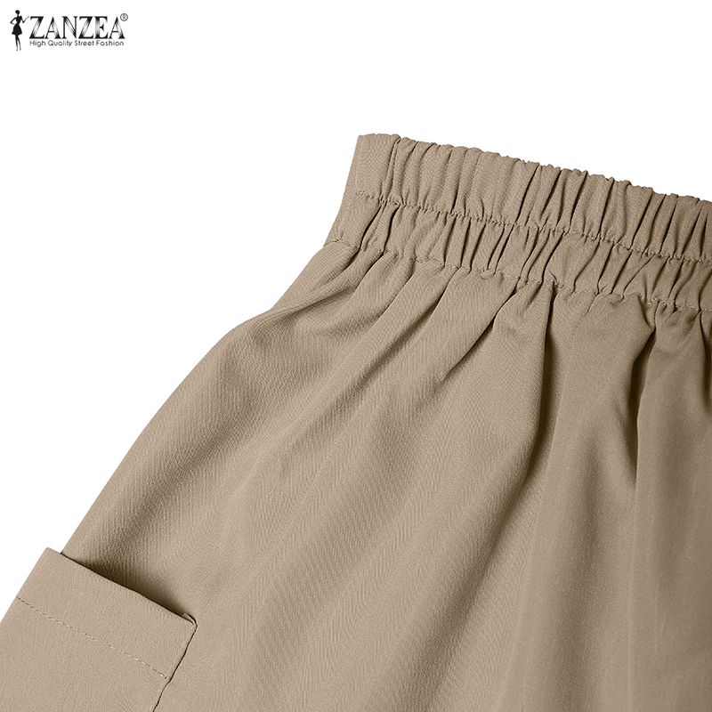 ZANZEA Womens Casual Elastic Waist Loose Wide Leg Cropped Pants