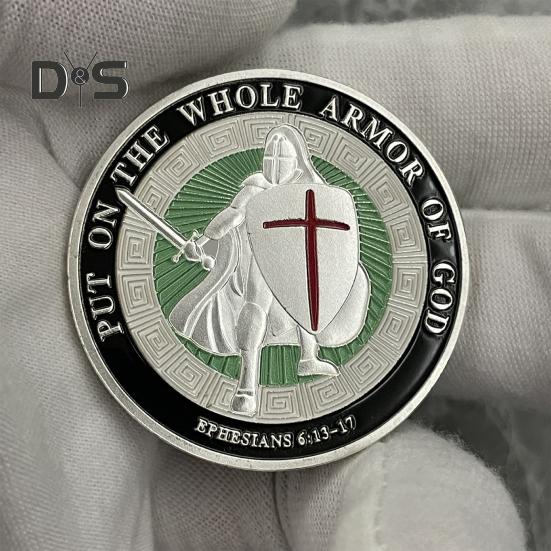Münze „Rüstung Gottes“, Metall-Souvenirmünze mit 4 cm Durchmesser, „Legen Sie die ganze Rüstung Gottes an“, doppelseitige Herausforderungsmünze für gepanzerte Soldaten für die Militärkirche