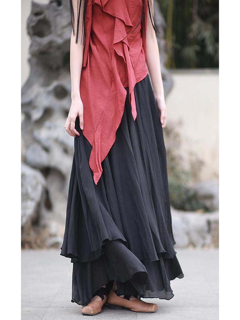 25 Jarní/Letní Chladný Tón Tencel Bambus Vrstvená Dvouvrstvá Maxi Swing Midi Sukně