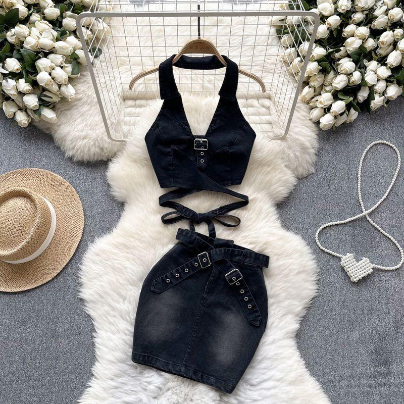 

Американский стиль Сексуальный джинсовый завязанный Облегающий короткий халтер Black L