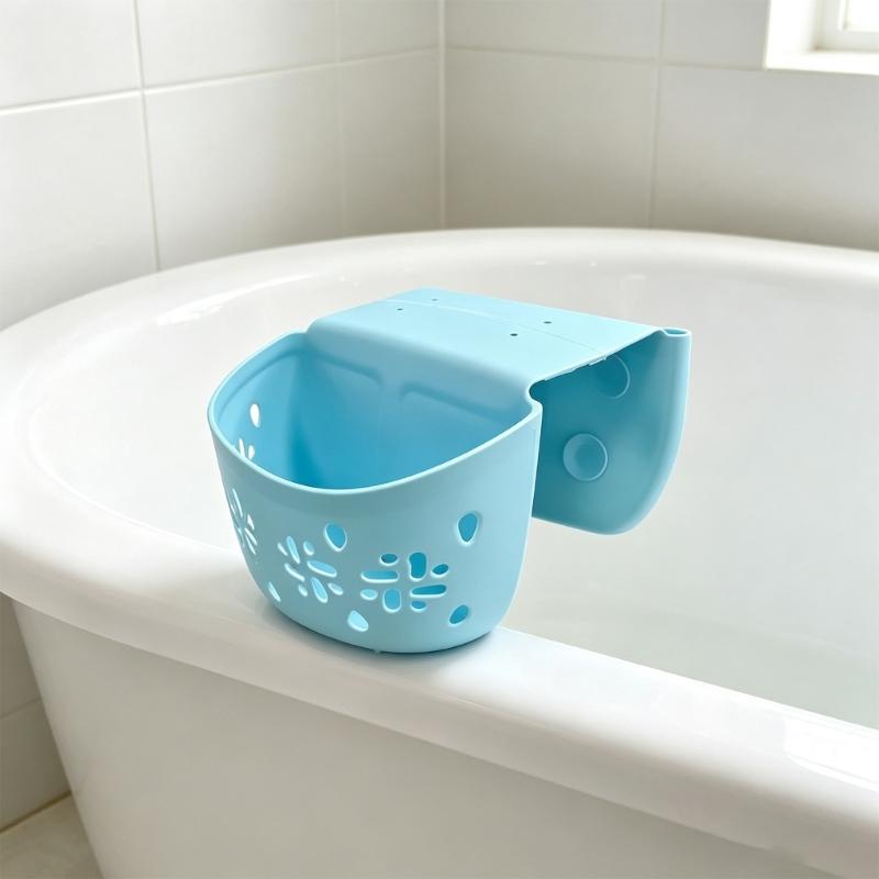 Tubside Bath Storage Basket, Perforated Plastic Bathroom Basket for Drainage and Direct Access Bath Item Holding Area