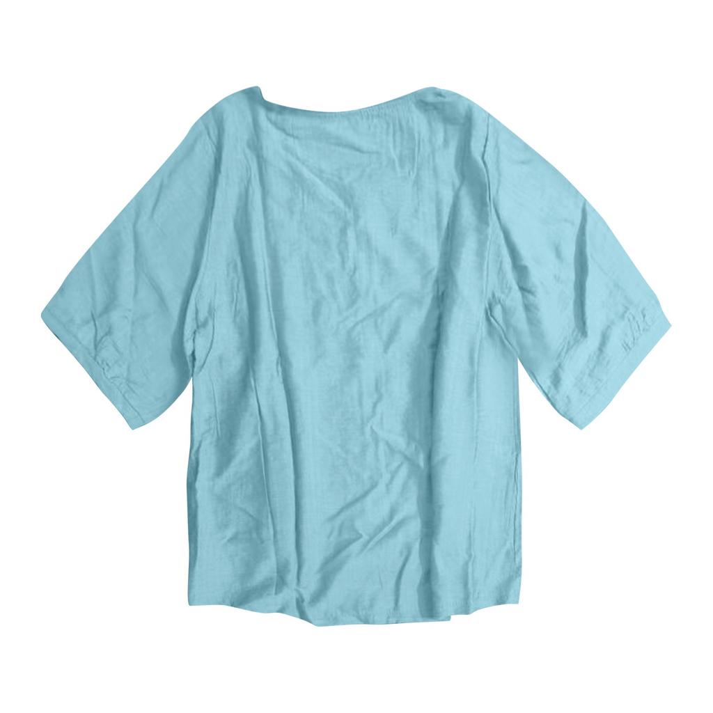 Dámské jednobarevné bavlněné a lněné tričko s krátkým rukávem, vyšívané, retro, prodyšné, s kulatým výstřihem