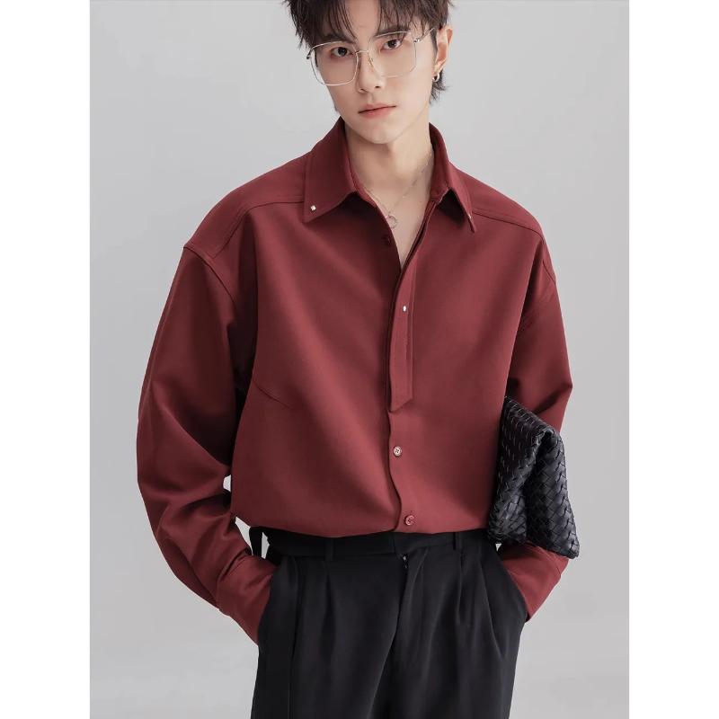 Herren Weinrot Oversized Langarmhemd Umlegekragen Knopfleiste Lässig Formell Bluse Glattes Stoff Oberteil