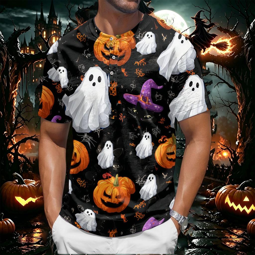Men's Halloween Print Short Sleeve Henley Shirt Casual Button Up T-Shirt Lightweight Breathable Fabric for Everyday Wear