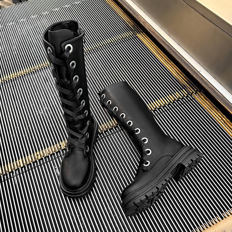 Large size single boots 0000 autumn and winter long boots lace-up round head side zipper thick heel tall women's knight boots