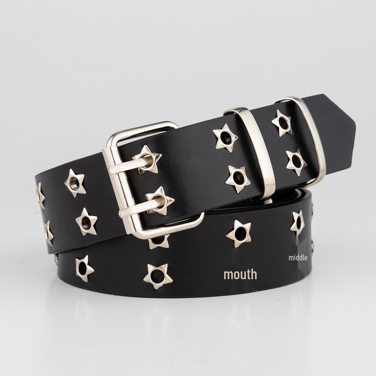 

Punk Casual Leather Belt with Star Eyelets - Double Row Women s Fashion Accessory чёрный