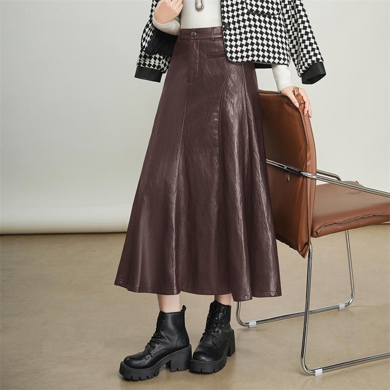 Women's Genuine Leather High Waist A-Line Midi Skirt - Autumn/Winter 2025 Fashion