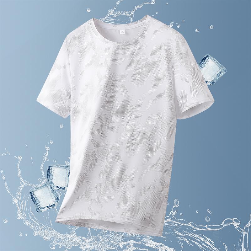 T-shirt a maniche corte mimetica in seta ghiacciata da uomo, sottile, larga, ad asciugatura rapida, per corsa, sport, elastica, taglia grande
