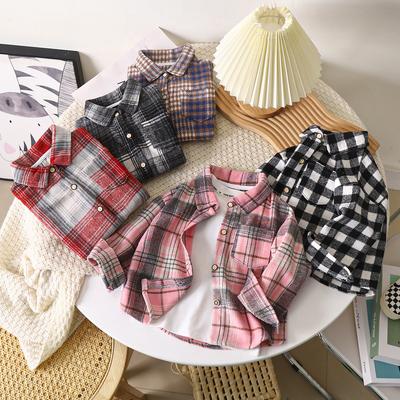 Boys' Long-sleeved Plaid Shirt Autumn Children's Vintage Color-matching Cardigan Lapel Top Girls' Casual Shirt