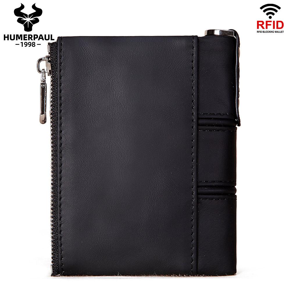 Humerpaul Genuine Leather Bifold Wallet For Men Slim RFID Blocking Credit Card Holder Credential Purse Zipper Coin Purse Male Money Bag