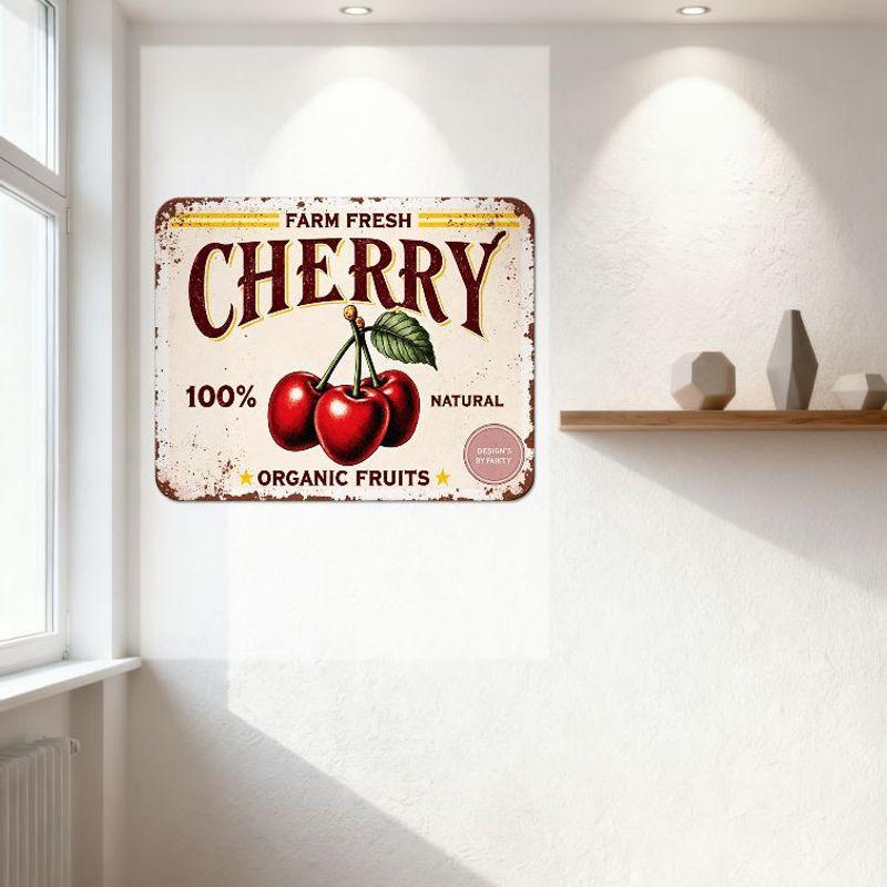 Vintage Farm Fresh Cherry Metal Tin Sign 100% Natural Organic Fruits Wall Plaque Rustic Retro Art Decor for Kitchen Bar Cafe Hom