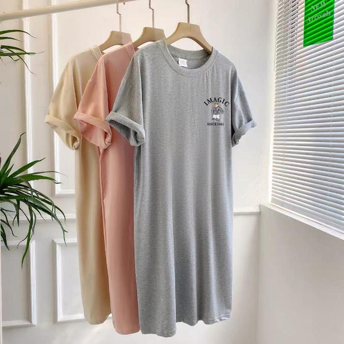 28/5000 Summer New Style Summer Short-sleeved T-shirt Dress, Korean Style Loose Large-sized Slit Over-the-knee Long Dress for Women