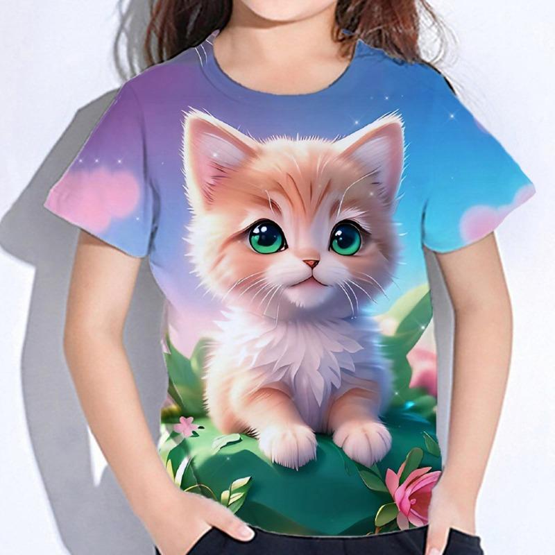 Abbigliamento per Bambini Ragazza T-shirt Manica Corta Stampa Gatto Cartone Animato 3D Vestiti Estivi per Bambini Moda Carina Abbigliamento per Ragazze Top in Poliestere