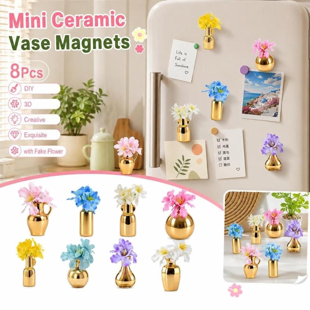 8Pcs 3D Mini Ceramic Vase Magnets Creative Refrigerator Magnets Vase Living Room