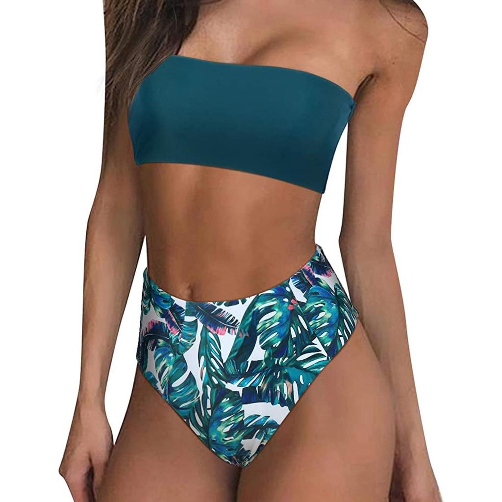 Women's Two Piece Bikini Set Bandeau Top with Removable Padding High Waist Bottom Tropical Leaf Print Swimwear