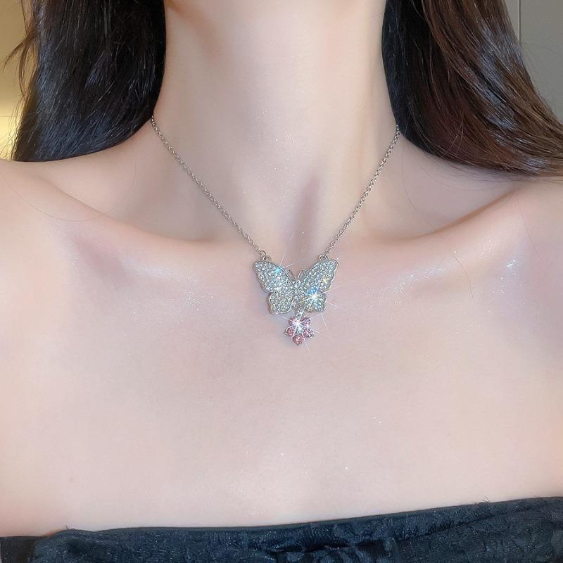 Серебряная Бабочка Цимен~ Серебряная Игла Алмазная Бабочка Цветок Серьги-Гвоздики Набор Ожерелий Изысканный Принцесса Роскошный Темперамент Ювелирные Изделия