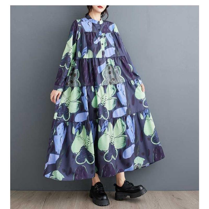 Loose and Thin Fashion Long-sleeved Printed Mid-length Dresses