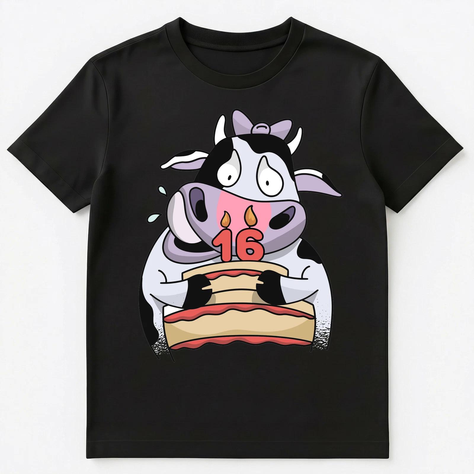 16Th Birthday Gift Funny Cute And Happy Cow With Cake Unisex T-Shirt S