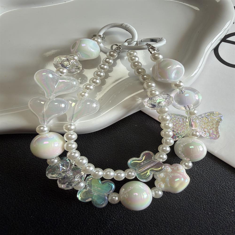 New Heart & Cat Paw Pearl Beaded Phone Lanyard and Camera Bag Pendant White Heart Cat Paw Pearl Lanyard + Card