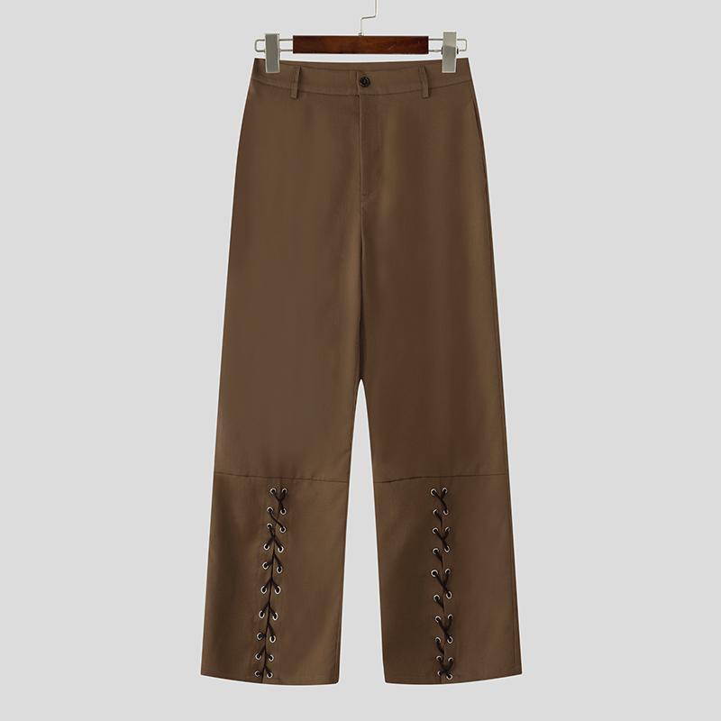

INCERUN Men s High Waist Bandage Hem Long Straight Pants Trousers 5XL коричневый