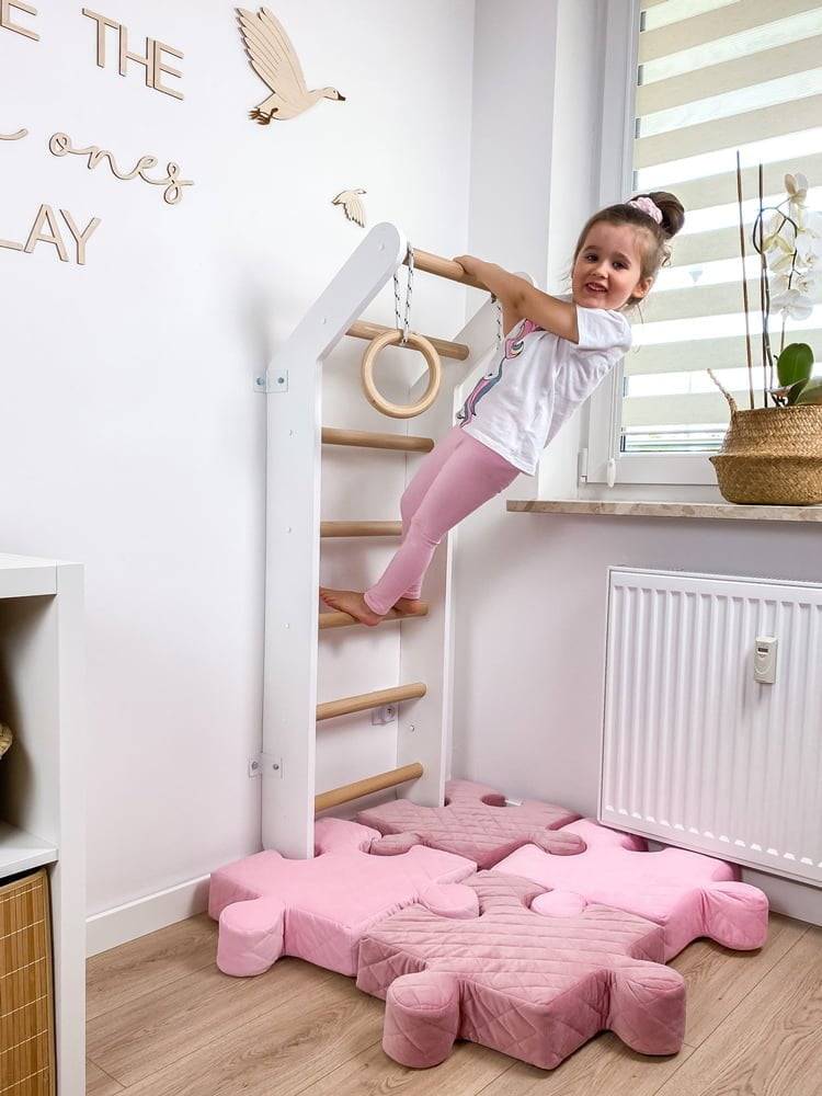 Wall Gym Kids Home Gym Children Wall Bars Wooden Climbing Frame Gym Rings Indoor Playground Toddler White