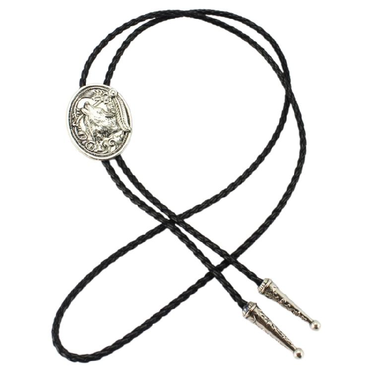 Herren Amerikanische Bolo Krawatte Vintage Cowboy Western Metall Wolfskopf Anhänger Halskette