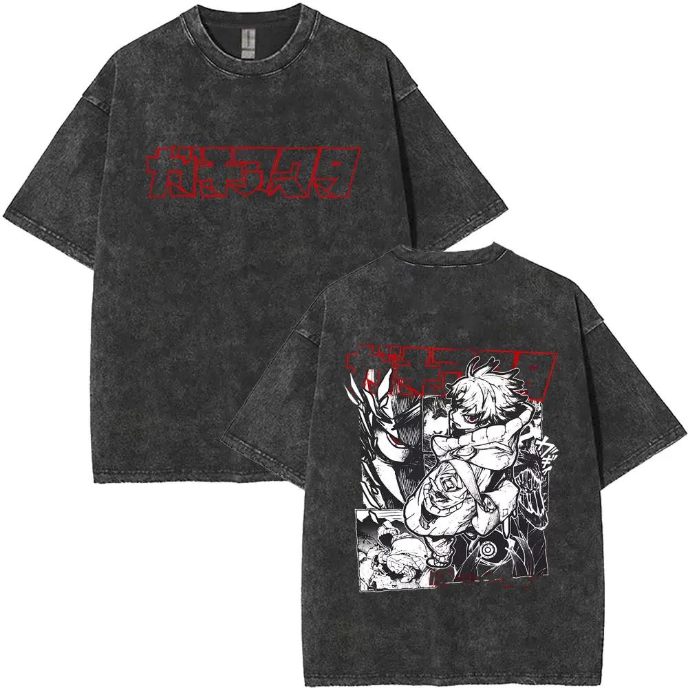 Washed Vintage Anime Gachiakuta Rudo Enjin Zanka Riyo Face Graphic T-shirt Men Women Cartoon Manga Short Sleeve T-shirts