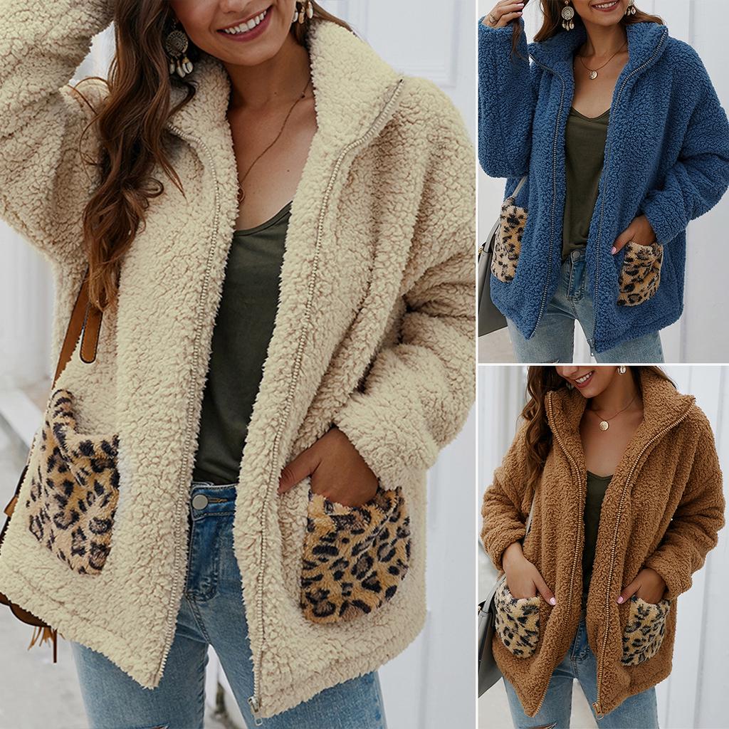 Polar Fleece Furry Coat Leopard Dot Pocket Dalmatian Spot Snap Button Plush Shaggy Jacket