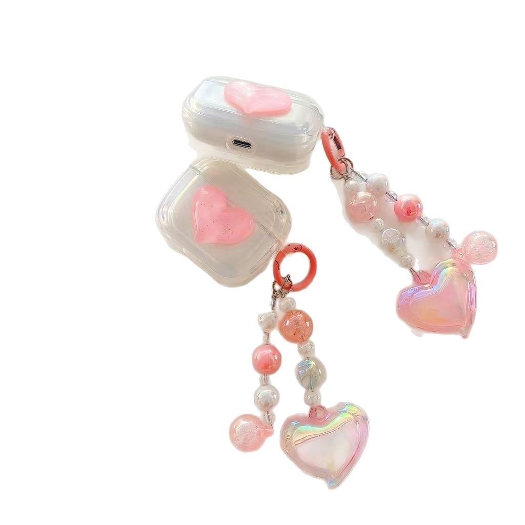 Korean Style Compatible with 3D Pink Heart-shaped AirPods 1 Protective Case Pro1 Wireless Bluetooth 1/1 Earphone Case and Chain